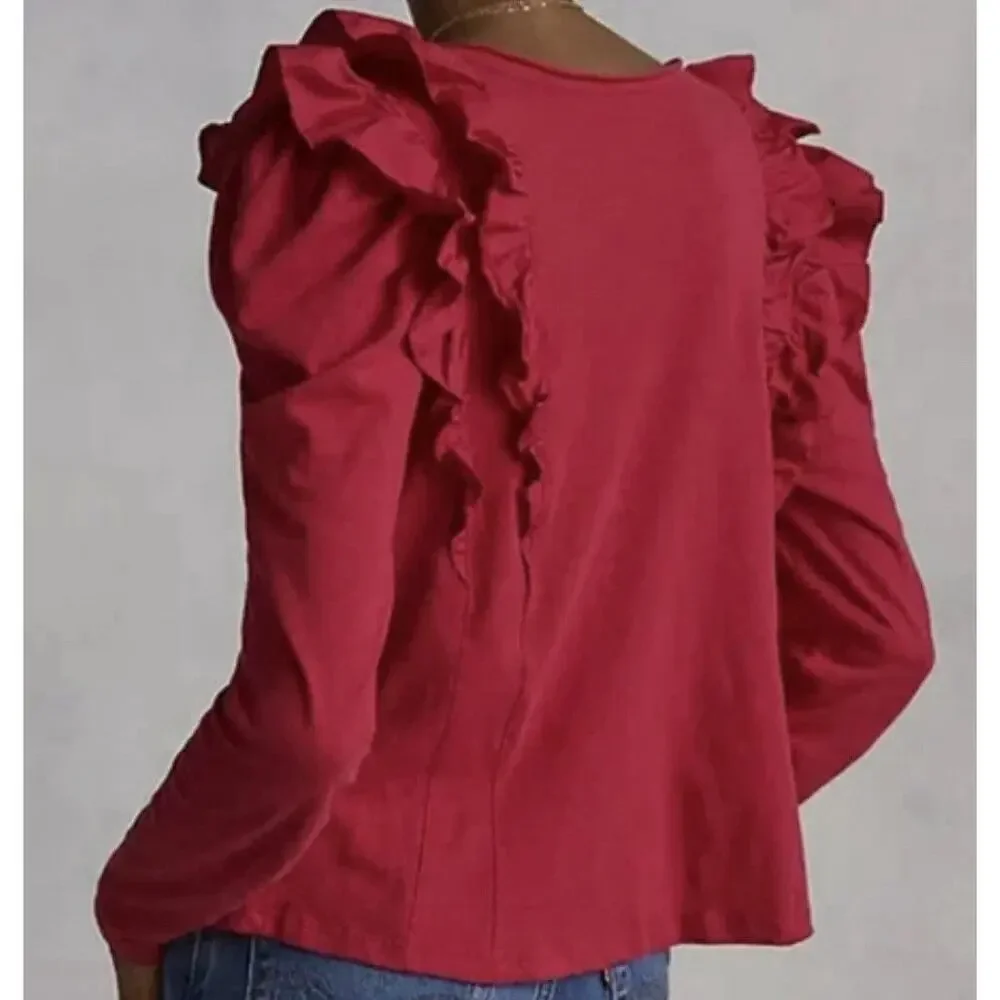 Anthropologie Ruffled V-Neck Top Pink M - Picture 2 of 7